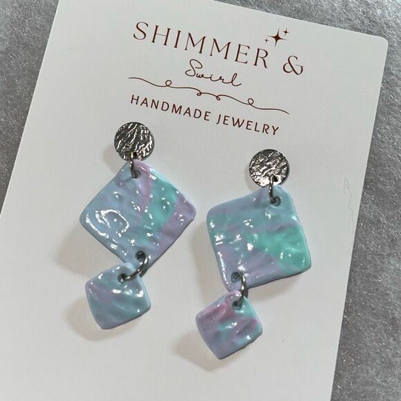 Handmade Polymer Clay Dangle Earrings Pastel Pink Blue Silver - Picture 2 of 3